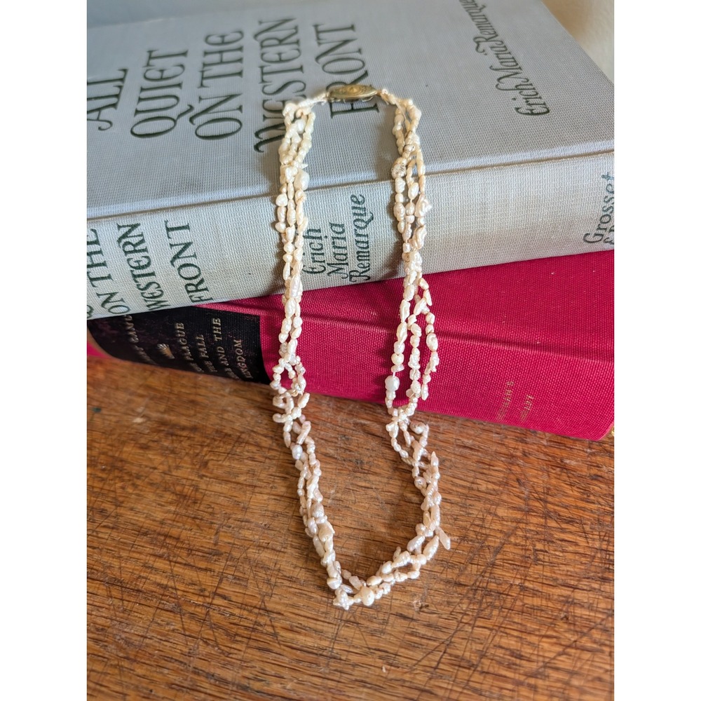 Vintage Triple Strand Freshwater Rice Pearl Necklace Gold Tone Filigree Clasp